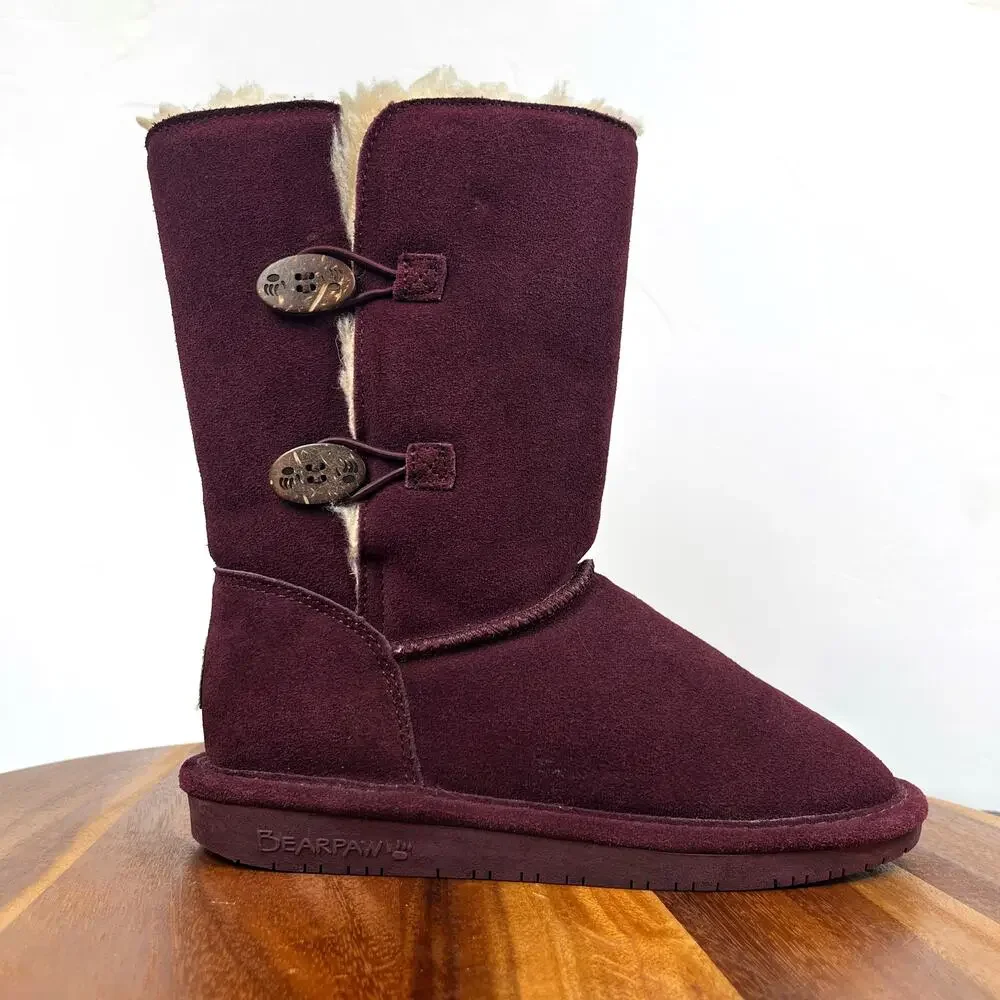 BEARPAW Lori Youth Girls Suede Pull On Boots US Size 5 Berry Purple Boot Snow